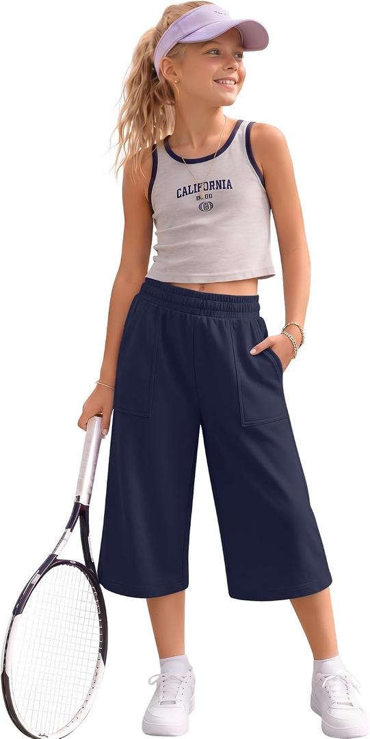 Girl's Capris Pants Wide Leg Cropped Pant Casual Summer Sweatpant with Pockets Loose Elastic Waist Capri 5-14 Years