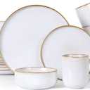 LIANYU 16 Piece Dinnerware Dish Sets for 4, Stoneware Plates and Bowls, Dishware Set with Dinner Salad Plates, Bowls, Mugs, Microwave & Dishwasher Safe, Pearl White