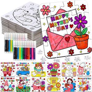 24 Set Mothers Day Crafts for Kids Classroom Bulk, Mother's Day Arts and Crafts DIY Paper Jigsaw Puzzle with Flower Bear Heart, Spring Activities Painting Kits for School Gifts Party Favors & Goodies