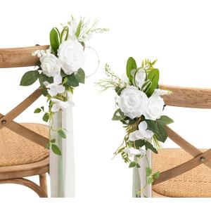 Ling's moment 2 Wedding Artificial Aisle Pew Flowers Chair Decorations Arrangements with Chiffon Ribbons White & Olive for Ceremony Reception Chair Back Floral Decor Reception Church Party Outdoor