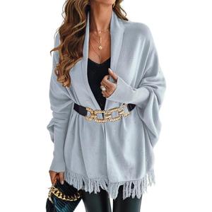 CHICME Solid Poncho Shawl Wraps Knitted Poncho Cardigan Warm Long Sleeve Cozy Versatile Fringe Sweater Cardigan (Medium, Gray)