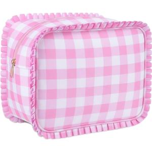 Pink Gingham Ruffle Makeup Bag Large Travel Cute Checkered Cosmetic Toiletry Bag with Zipper for Women Girls, Toiletry Pouch Make up Organizer Gift