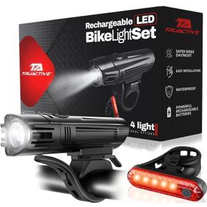 2 x Bike Light Set for Kids and Teens | USB Rechargeable Ultra-Bright Front Headlight and Rear Tail Light | 4 Light Modes for Day & Night Safety Riding | Easy Tool-Free Installation for Boys & Girls Bikes