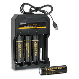 4 Pack Rechargeable Battery with Charger 3.7V Flat Top, Batteries for Headlamps, Flashlight, Camera, Small Fan, Outdoor Garden Lights