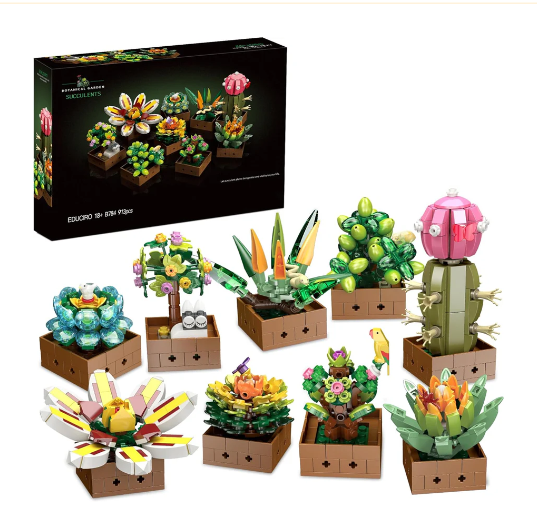 Educiro Flower Botanical Bonsai Building Set, Succulent Building Toys Block - 9 Pack, for Home Decor, Valentine's Day, Mother's Day, Christmas for Adults and Kids - 913pcs