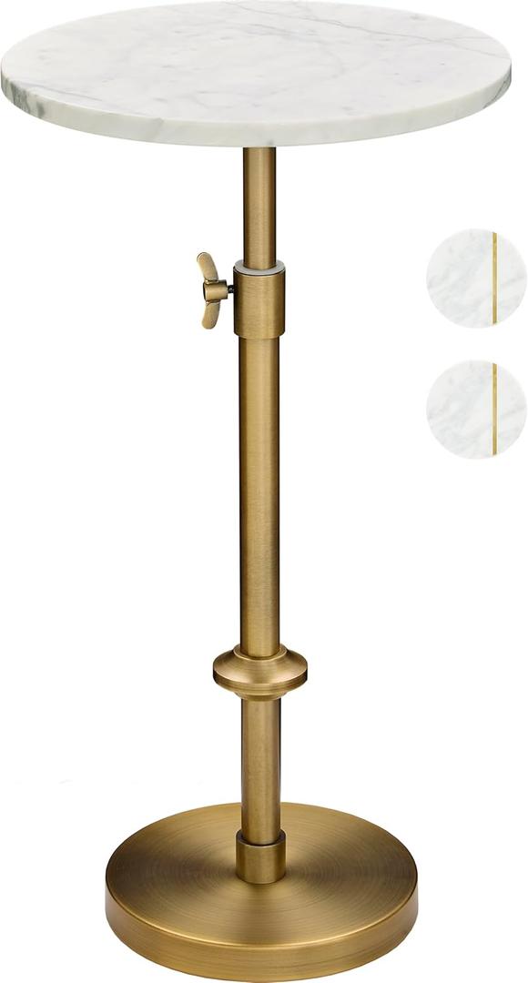 Adjustable-Height Marble Drink Table - 12x12x22-30, White Marble & Antique Brass, Modern Round End Table, Side Table with Pedestal Stand for Small Spaces, Vintage Metal Martini Cocktail Accent