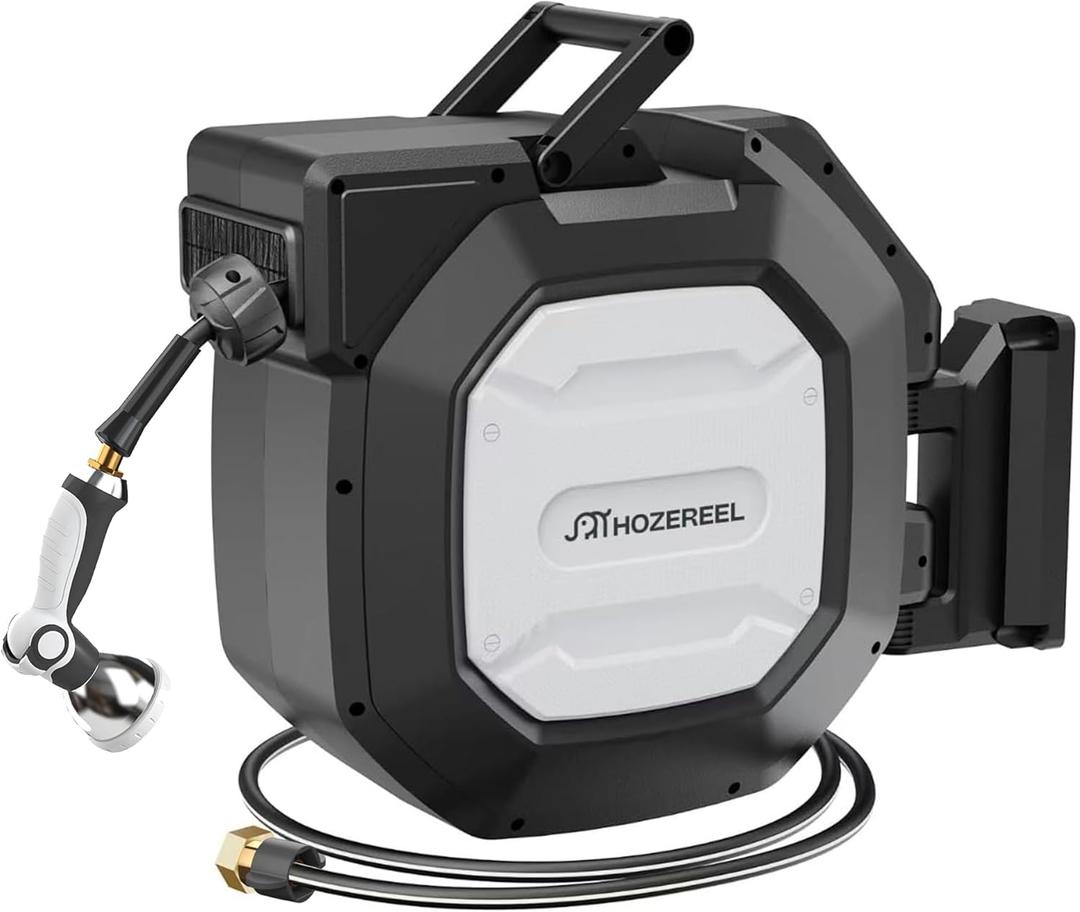 5/8" x 100 ft Heavy Duty Retractable Garden Hose Reel by HOZEREEL, Outdoor Garden Hose Reels - Self Retract Wall Mount Hose Reel Automatic Storage, Any Length Lock, 10 Pattern Nozzle  Black & White, 5/8" 100 FT