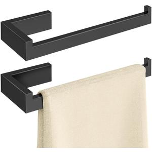 Hand Towel Holder for Bathroom Wall 2 Pack -Modern Towel Ring Square Hidden Mount with Dual Screws, Anti-Slip End, Stainless Steel, Matte Black