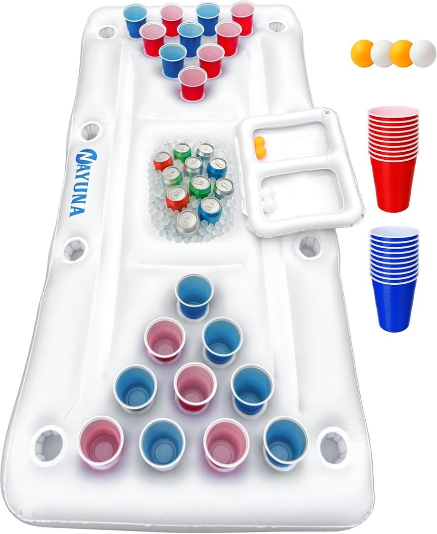 NAYUNA Floaty with Cooler & 20 Party Cups - Inflatable Pool Table Summer Party Pool Games Accessories for Adults 6 Feet Inflatable Pool Lounge Float, 4 Ping Pong Balls, 20 Cups