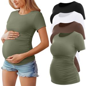 Huukeay 4 Pack Women's Maternity Shirts, Crew Neck Maternity Top Short Sleeve Casual Cotton Tee Side Ruched Pregnancy Clothes (Large, Black, White, Coffee, Army Green)