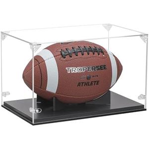 Football Display Case, Thickened UV Protection Clear Acrylic Lid Football Holder, Wood Football Base Stand Football Cases for Signed Football Full Size