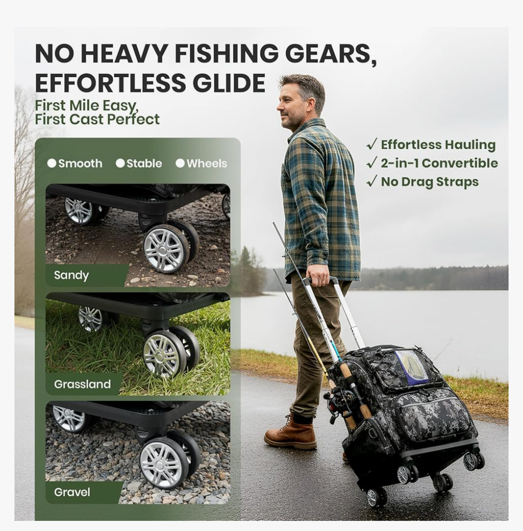 2-in-1 Rolling Fishing Backpack with 3 Rod Holders,Detachable Wheels &Trolley|48L Large Water Resistant Tackle Bag Store Fishing Gear,Safety Reflective Straps,Ideal Fishing Bag for Men