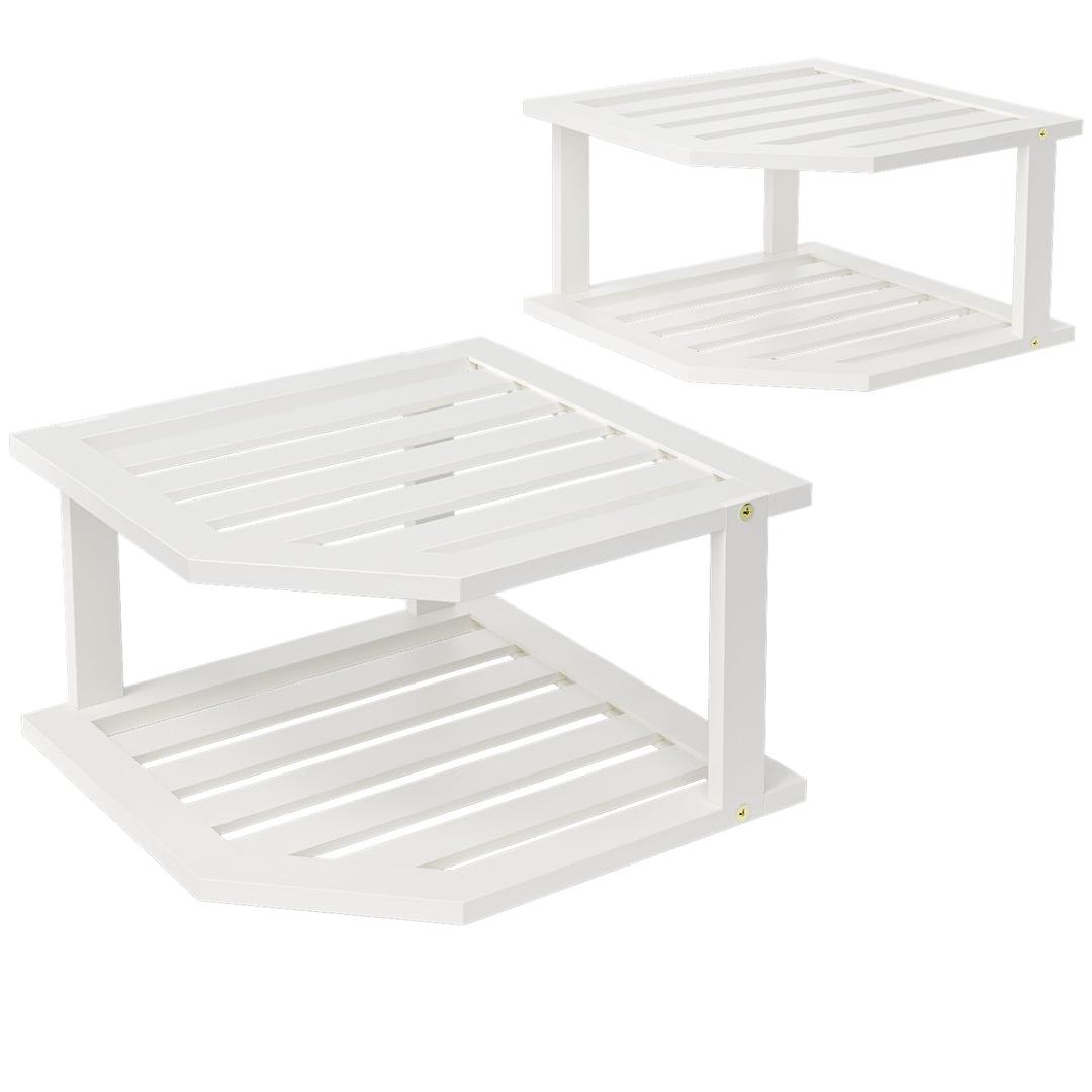 VERTORGAN Bamboo Corner Shelf(2 Pack),2 Tier Plate Organizer for Cabinet and Countertop,Pantry Dish and Spice Rack for Kitchen(White)