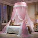 AIKASY Girls and Adults Canopy Bed, Elegant Double-Layer Bed Curtain, Children's Dream Round Lace Mosquito Net, Princess Canopy Net - Fits Twin, Full, Queen, and King Beds (White/Pink)