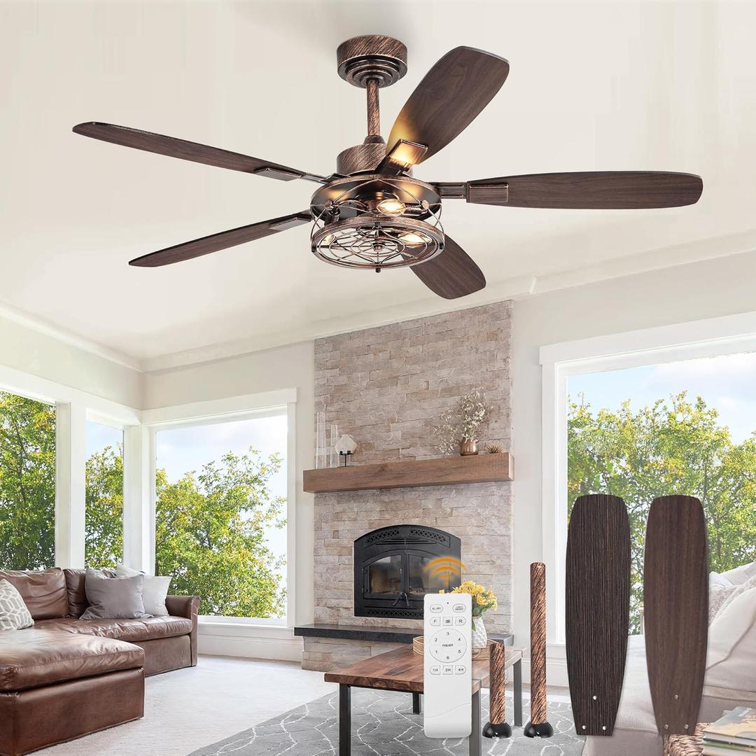 52 Inch Farmhouse Ceiling Fan with Light and Remote, Black and Gold Industrial Caged Ceiling Fans with 6 Speed Reversible Motor and Dual Finish 5 Blades, Rustic Ceiling Fan for Living Room, Bedroom