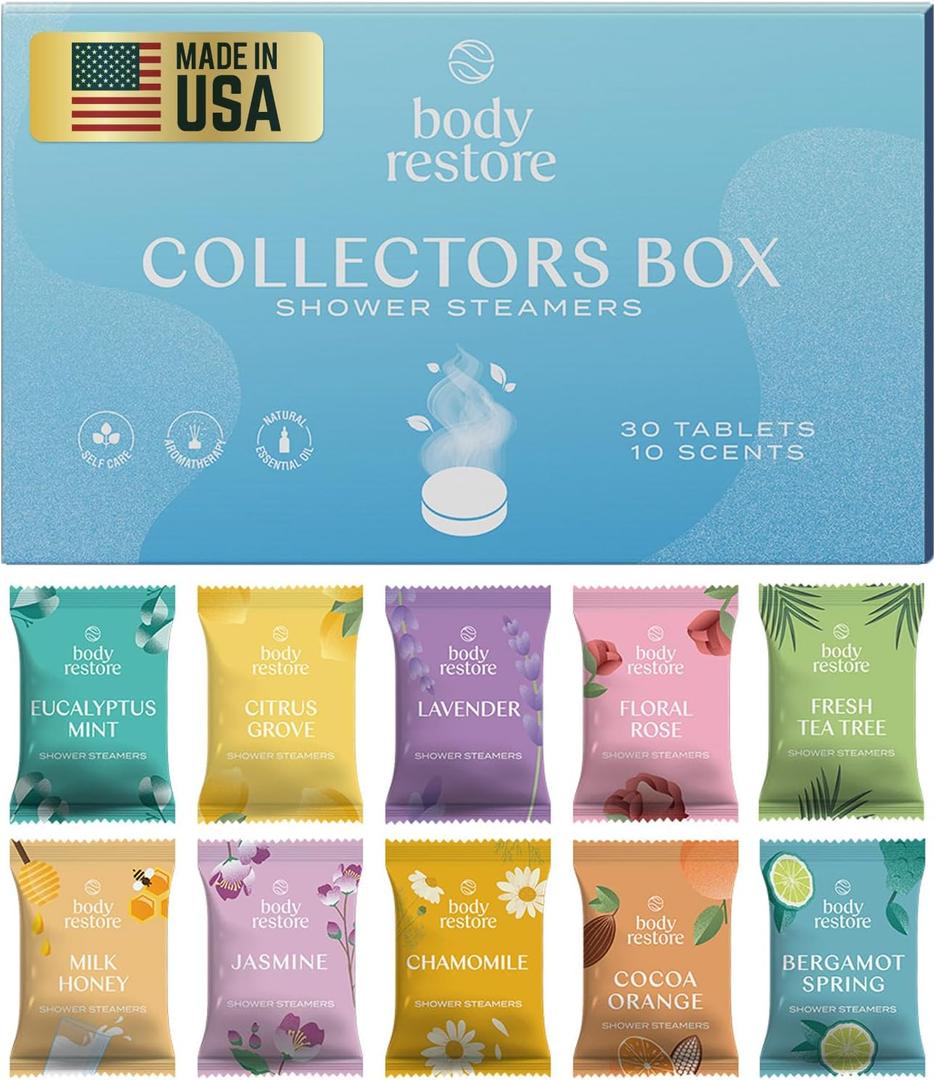 Body Restore Shower Steamers Aromatherapy 30 Pack - Christmas Stocking Stuffers for Men, Birthday Gifts for Women, White Elephant, Relaxation, Self Care - Collectors Box