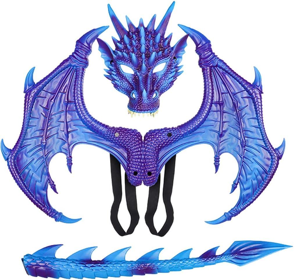 Children's Dragon Wing Costume Dinosaur Tail Mask Set Cosplay Kids Halloween Dragon Costume (Bule Set Rp Foam)