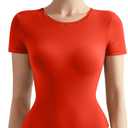 SUUKSESS Women Crew Neck Short Sleeve Thong Bodysuit Shirts Basic Top (Medium, 01 Red)