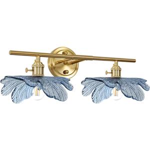 2 light bathroom vanity light gold brass wall sconce with Blue Flower Glass Shade mid century wall light vintage wall sconce art deco Bathroom Lights Over Mirror for Bedroom Hallway Living Room