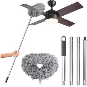DRQ Ceiling Fan Cleaner Duster, Reusable Microfiber Duster with Extension Pole, 13 to 48 Inch Fan Blade Cleaner, Removable Dusters for Cleaning Walls Bookshelves Door Window Top (Grey)