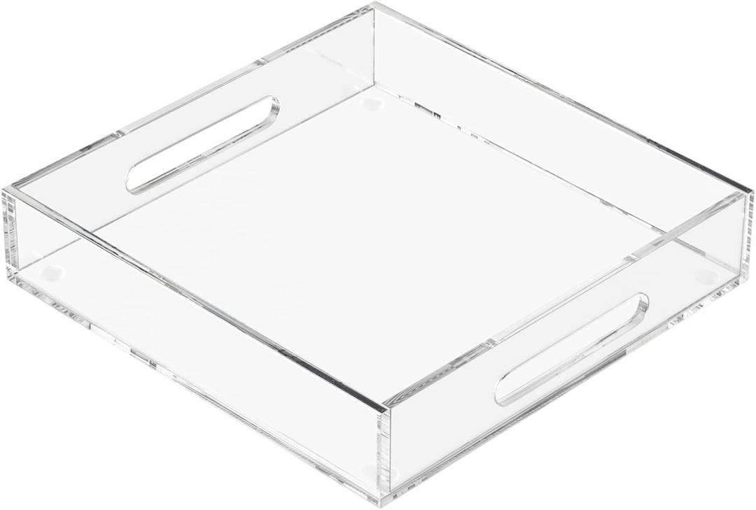 KOTEMON Acrylic Serving Tray with Handles-12x12x2.36Inch-Decorative Tray Letter Tray Organizer for Ottoman Coffee Table Countertop, Clear