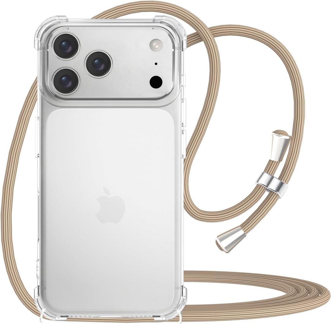 for iPhone 17 Pro Strap Case Adjustable Shoulder Neck Lanyard Crossbody Cover Women Girls Clear Soft Slim Transparent Protective Phone Mobile Case for iPhone 17 Pro - Beige