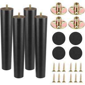 4 Pcs 12 Inch Furniture Legs, Black Solid Wood Table Legs 12 Inch, Round Couch Legs, Cabinet Legs Replacement Wood Legs for Furniture