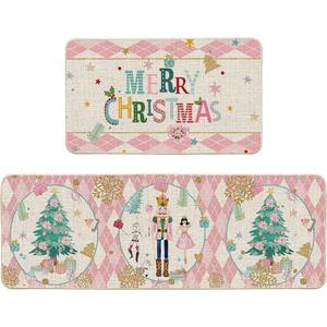 Artoid Mode Diamond Plaid Nutcracker Merry Christmas Kitchen Mats Set of 2, Winter Decor Low-Profile Kitchen Rugs for Floor - 17x29 and 17x47 Inch (Pink)
