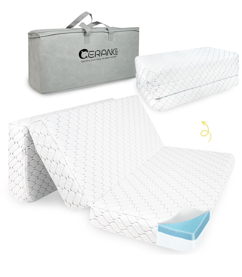 Trifold Pack and Play Mattress, 38x26 in, Travel Mattress with Removable Cover Carry Bag，Dual-Sided Memory Foam for Baby Toddler