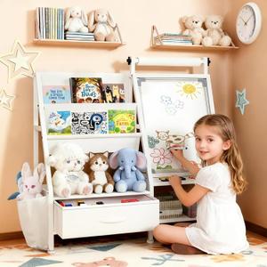 Faesun 4-in-1 Art Easel for Toddlers with Bookshelf and Toy Organizer, Kids Drawing Easel with Paper Roll & Magnetic Whiteboard, Birthday Gift for Ages 28, Boys & Girls