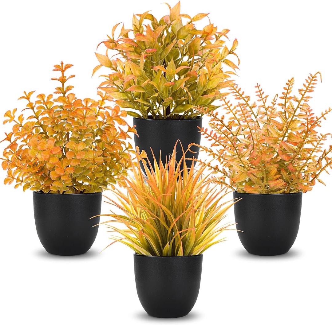 Der Rose Fall Fake Plants 4 Packs Artificial Plants Small Faux Plants Black Bathroom Accessories Fall Decorations for Home Bathroom Home Office Desk Fall Decor Indoor (Orange)