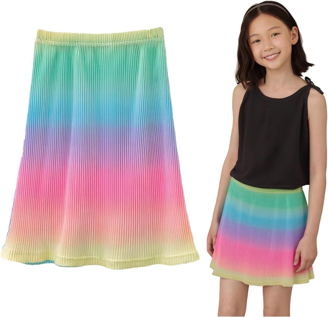 Girls Knee Length Pleated A-Line Skirt with Pull On Elastic Waist for Kids Rainbow Black Midi Skirt 3-12 Y, 120