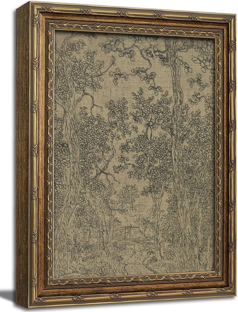 Vintage Gold Framed Wall Art Antique Sketch Landscape Wall Decor Picture Dark Moody Retro Country Farmhouse Gallery Aesthetic Poster Print for Living Room Bedroom Kitchen Shelf 12x16in