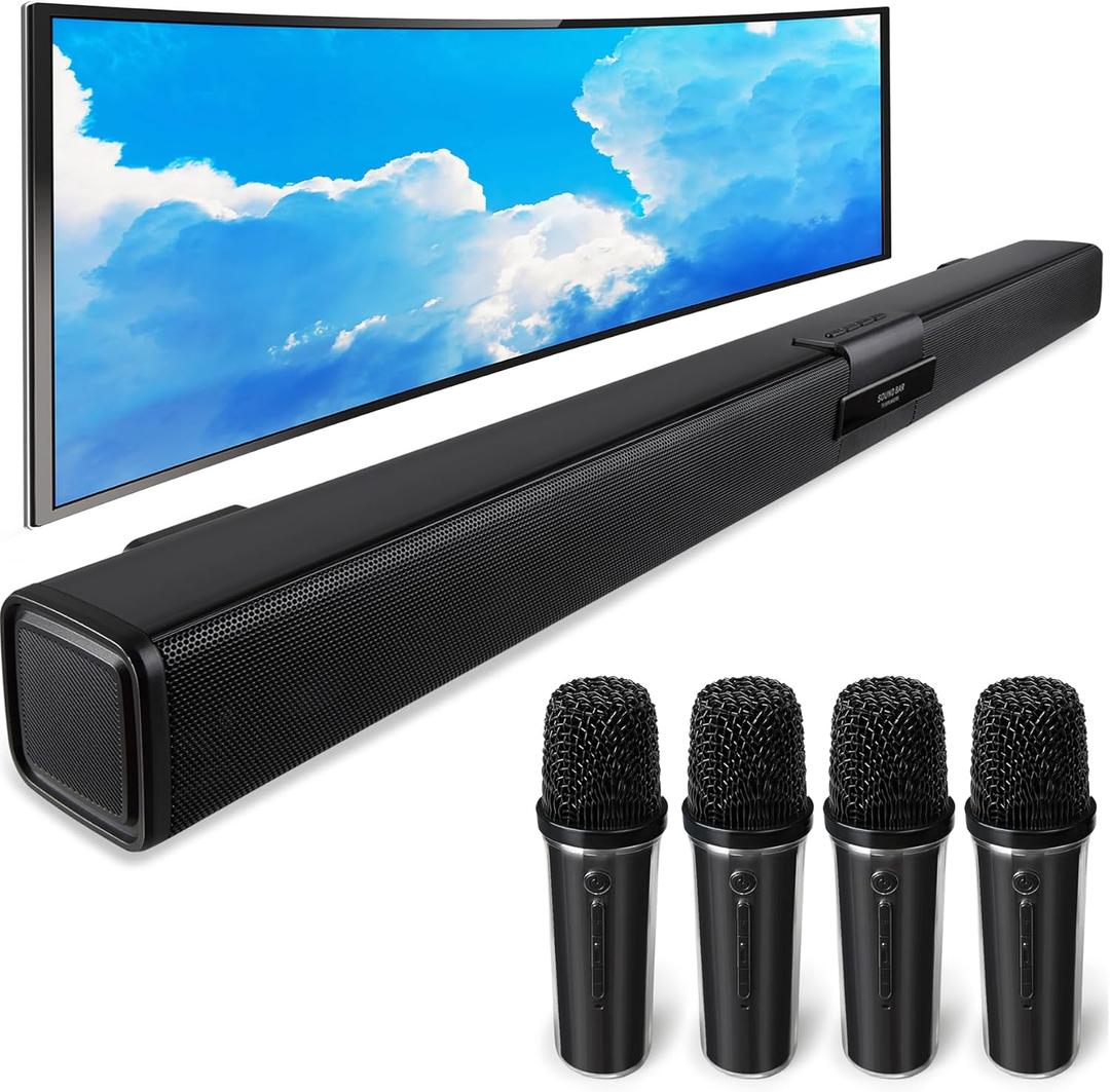 TV Soundbar Speaker with Bluetooth/AUX/USB/TF/Coaxial, Sound Bar for Smart TV with 4 Wireless Microphones, Surround Sound System for TV (Full Black, 4mic)