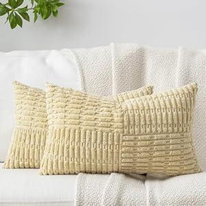 DEZENE Patchwork Throw Pillow Covers Set of 2 Striped Soft Corduroy Rectangular Lumbar Decorative Couch Pillow Cases Boho Accent Farmhouse Home Decor for Bed Sofa Living Room, Beige, 12x20-Inch