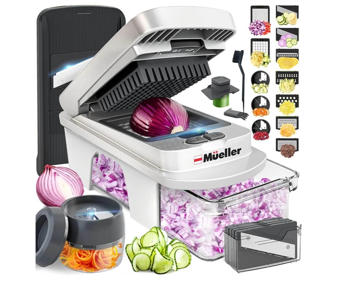 Mueller Pro-Series All-in-One, 12 Blade Mandoline Slicer for Kitchen, Food Chopper, Vegetable Slicer and Spiralizer, Cutter, Dicer, Grater, Kitchen Gadgets Sets with Container, White Sand/Gray