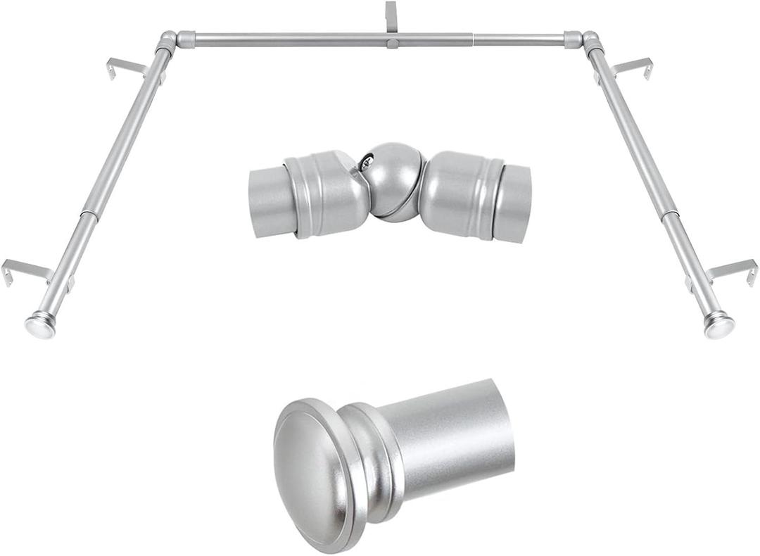 TONIAL Bay Window Curtain Rods, 36 to 72 Inch Center Rod for Windows, 20 to 36 Inch Side Rods for Window 3/4 Inch Decoratice Drapery Rods with Small Cap End, Silver