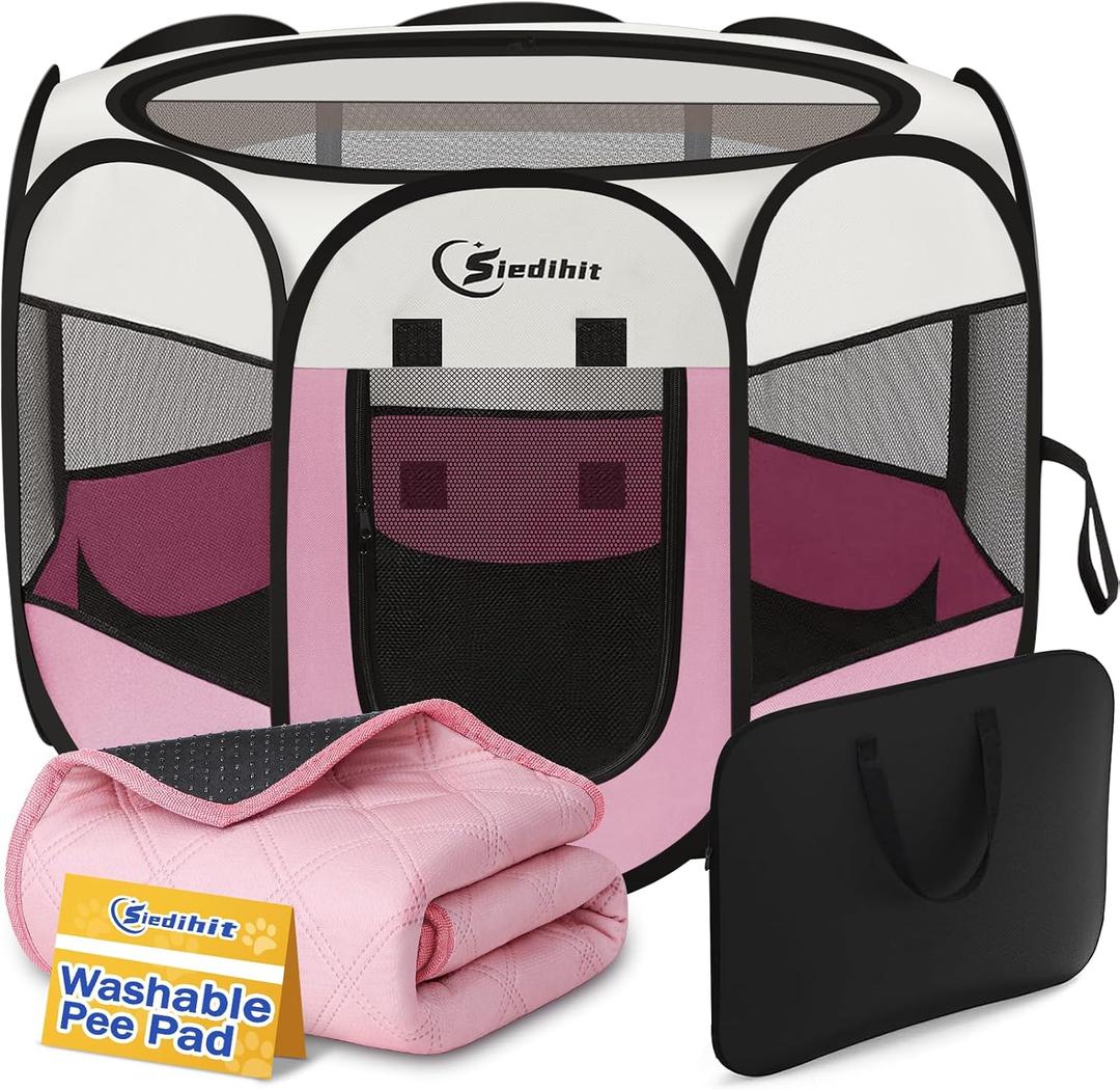 Siedihit Dog Cat Playpen, Puppy Pet Playpen Indoor for Dog Crate Tent Cage Outdoor, Portable Pop Up Dogs Enclosure Kennel with Carrying Case for Dogs/Cats/Rabbits (Pink with Pad, Medium)