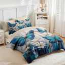Nesker Comforter Set Queen Size, Dream Blue Butterfly Flowers 7 Pcs Bedding for Kids and Adults, Beautiful Oil Painting Bed Sheet Sets with Fitted Sheet 2 Pillowcases & 2 Shams