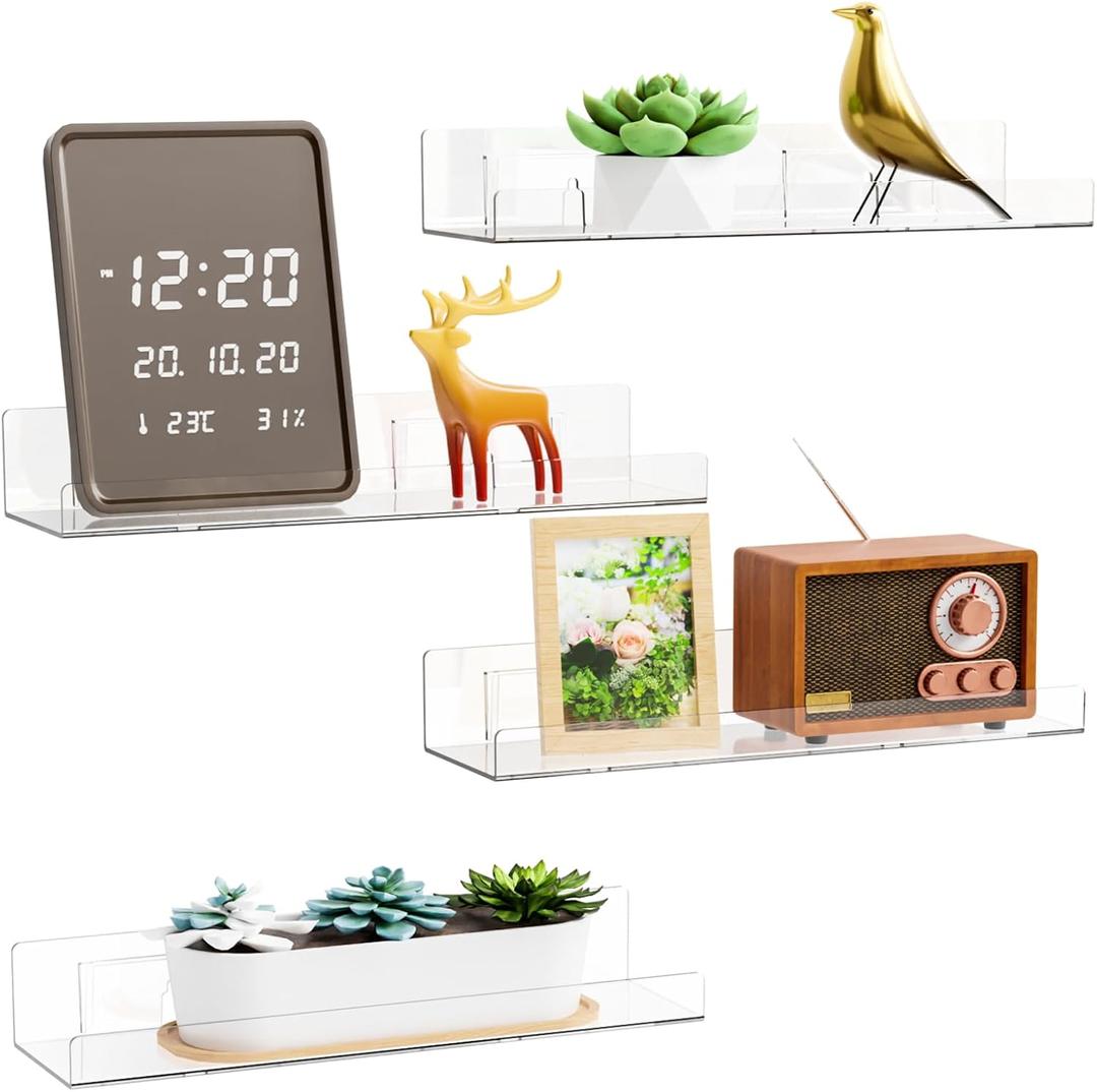 Yieach 4 Pack Acrylic Shelves for Wall Storage,No Drilling Adhesive Shelves,Clear Stick On Bathroom Wall Shelf Organizers,Plastic Floating Shelves for Perfume,Funko,Lego,Skincare,Bookshelf for Kids