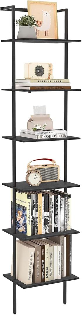 6-Tier Ladder Shelf, 77 Inches Wall Mounted Ladder Bookshelf with Metal Frame, Wood Tall Open Storage Rack and Display Shelves for Home Office Bedroom Living Room, Black