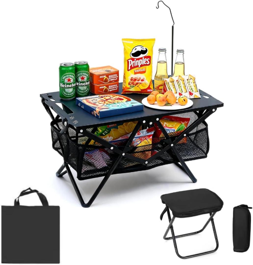Folding Camping Table and Stool Set, Black, Portable with Carry Bag and Hook, One Size