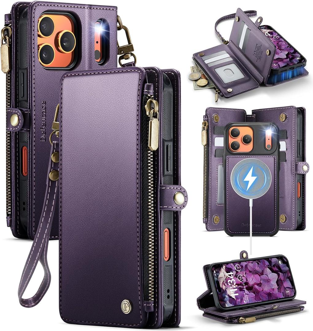 Defencase for iPhone 17 Pro Max Magnetic Wallet Case Compatible with Magsafe with RFID Blocking Zipper & Card Holder for Women Men PU Leather Strap Detachable Case for iPhone 17 Pro Max 6.9", Purple