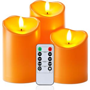 Homemory Halloween Orange Flameless Candles, Fall Candles, Outdoor Waterproof Flickering Battery Operated LED Pillar Candles with Remote and Timers, Won't Melt Plastic, Set of 3