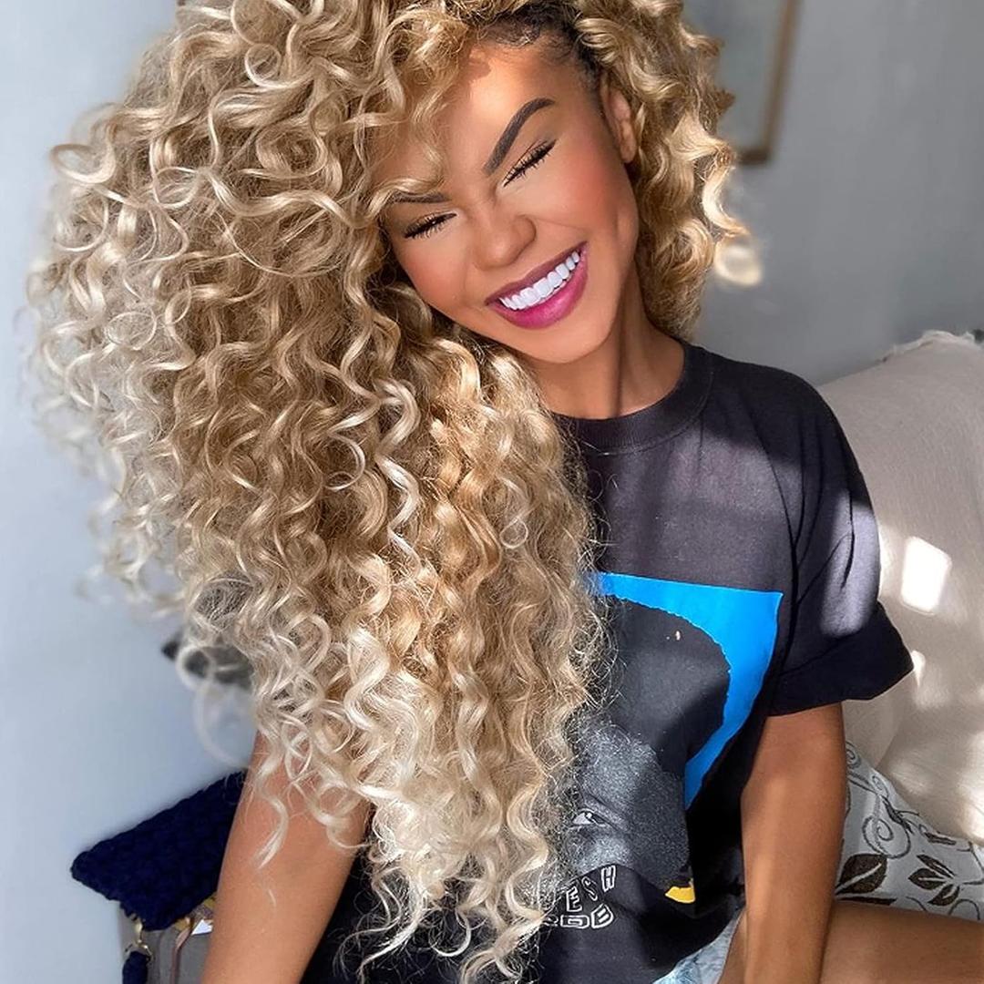 Unionbeauty GoGo Curl Crochet Hair 8 Packs Water Wave Crochet Braids 14 Inch Curly Crochet Hair for Black Women Deep Wave Ombre Brown Blonde Synthetic Curly Braiding Hair Extension T27/613#
