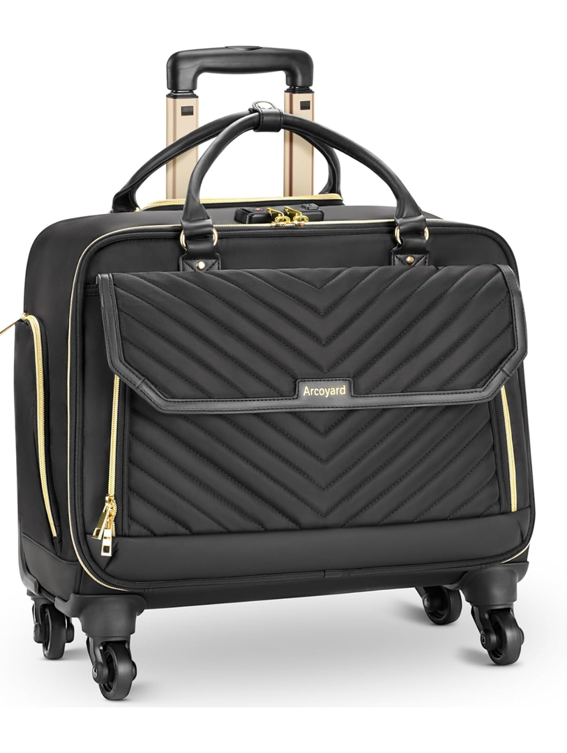 Rolling Briefcase for Women with 4 Spinner Wheels and Telescopic Extendable Handle, Laptop Bag with Wheels, Roller Computer Bag for Work Travel Carry On Luggage, TSA Friendly Design, Black