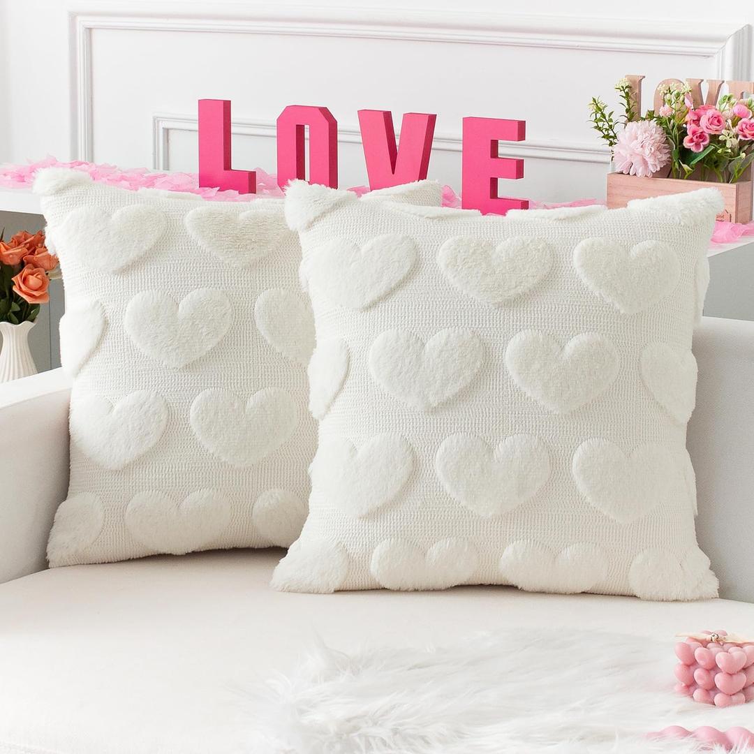 Kevin Textile Heart Love Cute Decorative Throw Pillow Covers 18x18 Inch Set of 2 Soft Faux Fur Pillow Covers for Valentine's Day Gifts Fluffy Plush Pillow Case for Couch Cushion Livingroom Cream White