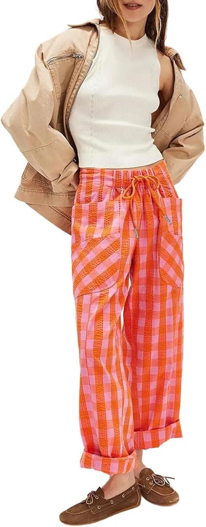 Acelitt Women Drawstring Elastic Waist Checkered Pants with Pockets, S-XXL (XL)