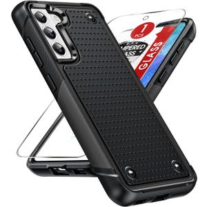 LeYi for Samsung-Galaxy-S21 FE Case: with Galss Screen Protector, Heavy Duty Dual Layer Shockproof Protective Rugged Hard PC Textured Back & Soft Bumper Cell Cover for Galaxy S 21 FE, Black