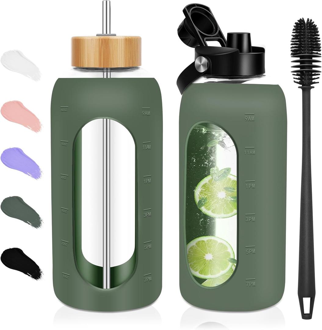 FULBEVY Glass Water Bottles 64 oz  Half Gallon Large Motivational Daily Water Intake Bottle Time Marker  Glass Water Bottle With Straw, Silicone Sleeve 2 Lids, Handle Spout & Bamboo Lid(Olive)